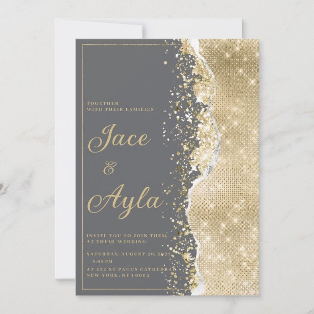 Luxury grey gold glitter classy Wedding Einladung (Vorderseite)