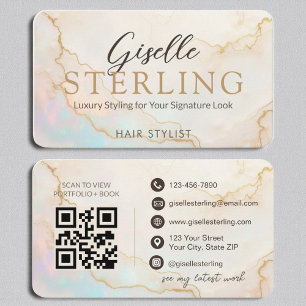 Luxury Hair Stylist Pearl Opal Gold Script Visitenkarte