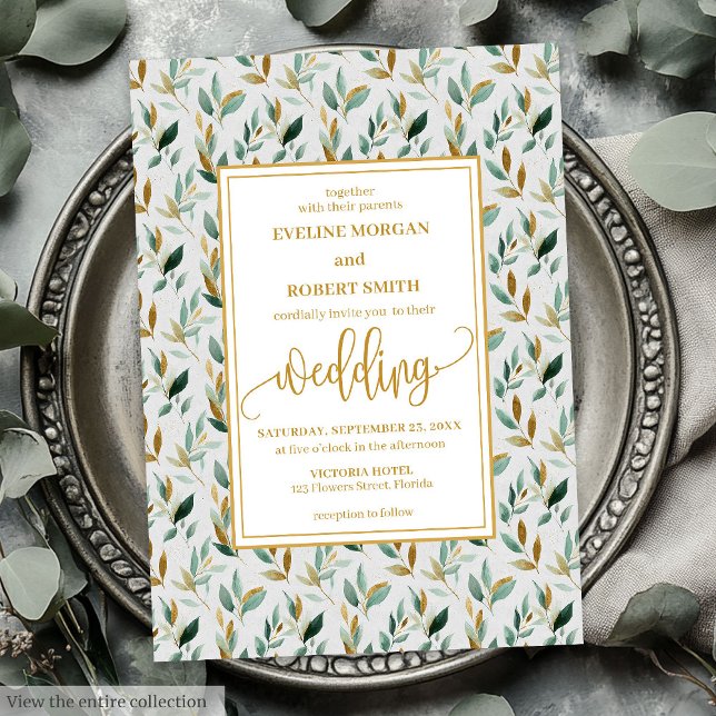 Luxury Hunter Green Gold Blätter Hochzeitsfeiern E Einladung (Luxury Hunter Green Gold Leaves Wedding Invitation)