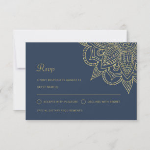 Luxury Indian Elegant Blue Gold Mehndi Wedding RSVP Karte