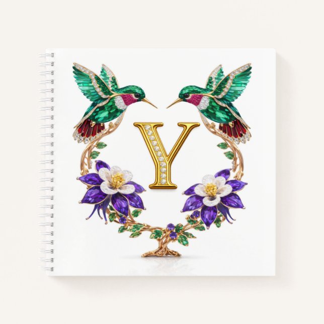 Luxury Initial Y Hummingbird Jeweled Wedding Gift Notizbuch (Vorderseite)