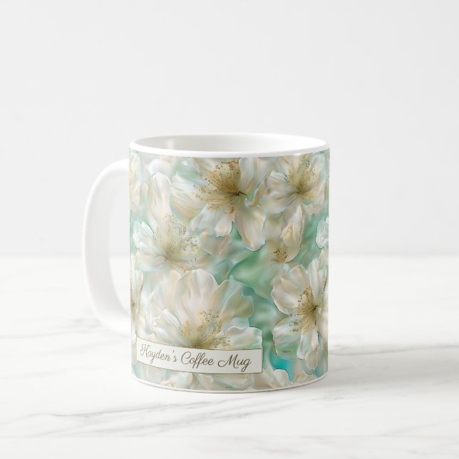 Luxury Jasmine Golden Sage Green Floral Script  Kaffeetasse (Vorderseite Links)