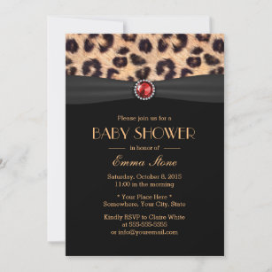 Luxury Leopard Ruby Gem Black Ribbon Baby Dusche Einladung