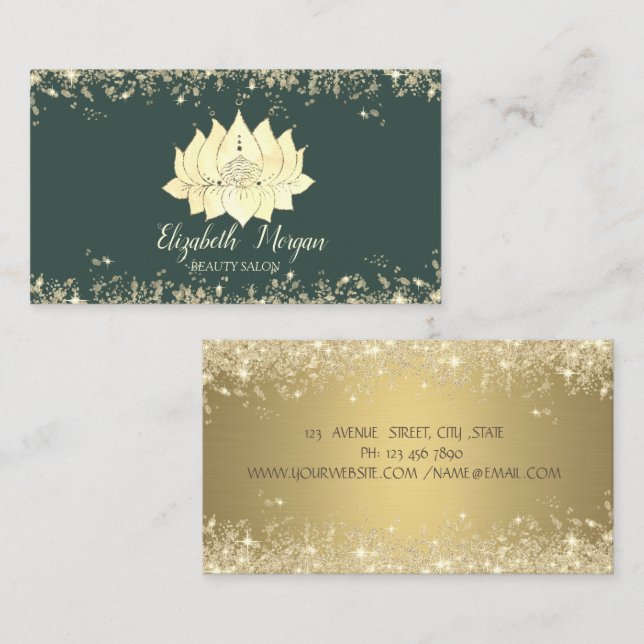 Luxury Lotus Flower Gold Glitter Dust Sage Green Visitenkarte (Vorne/Hinten)