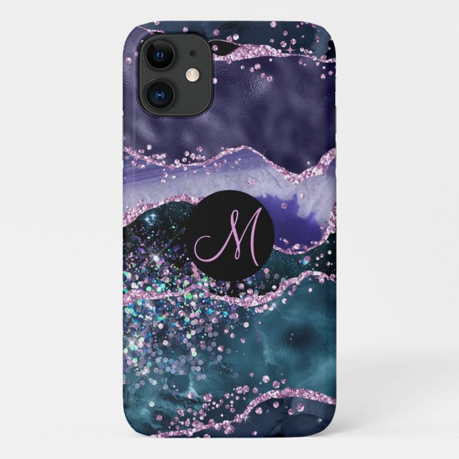 Luxury Marble Agate Lila Glitzer Monogram Case-Mate iPhone Hülle (Rückseite)