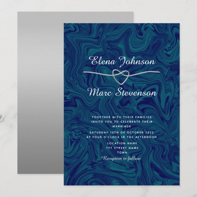 Luxury Marbled Silver Blue Wedding Einladung (Vorne/Hinten)