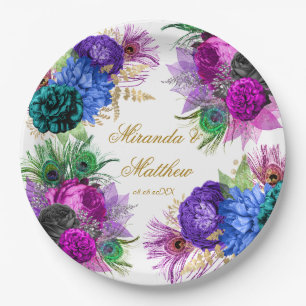 Luxury Mardi Gras Peacock Gold Peony Wedding Pape Pappteller
