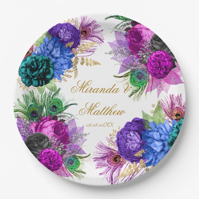 Luxury Mardi Gras Peacock Gold Peony Wedding Pape Pappteller (Vorderseite)
