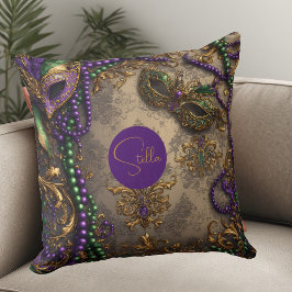 Luxury Mardi Gras Purple Gold Mask Beads Floral  Kissen