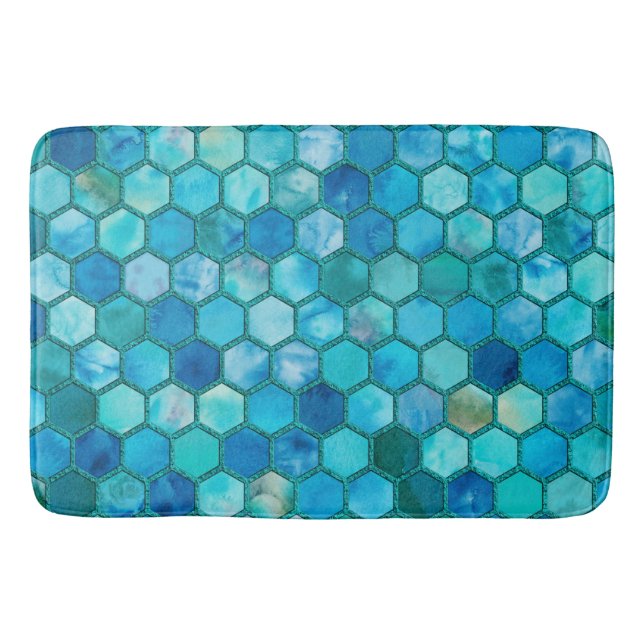 Luxury Metal Foil Glitzer Aqua Blue Honeycomb Badematte (Vorderseite)