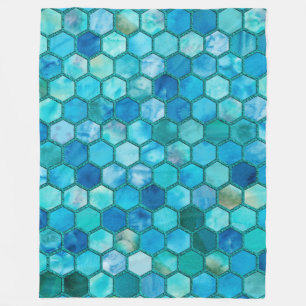 Luxury Metal Foil Glitzer Aqua Blue Honeycomb Fleecedecke