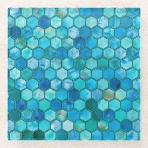Luxury Metal Foil Glitzer Aqua Blue Honeycomb Glasuntersetzer