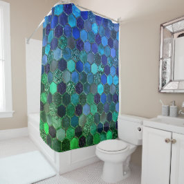 Luxury Metal Foil Glitzer Blue Green Honeycomb Duschvorhang