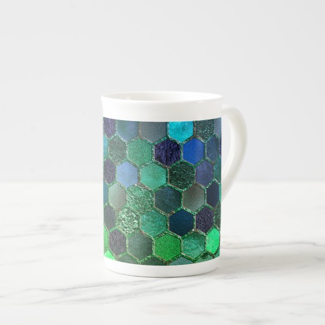 Luxury Metal Foil Glitzer Blue Green Honeycomb Prozellantasse (Vorderseite Rechts)