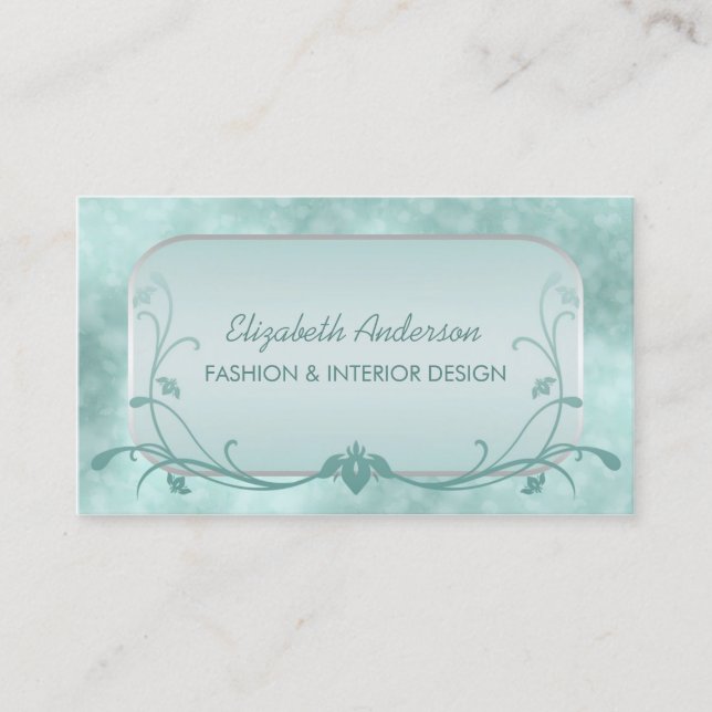 Luxury Mint Floral Bokeh Interieur Designer Visitenkarte (Vorderseite)