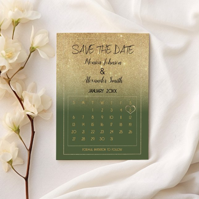 Luxury Mint Gold Glitter Calendar Save the Date  Ankündigungspostkarte (Luxury Mint Gold Glitter Calendar Save the Date Announcement Postcard)