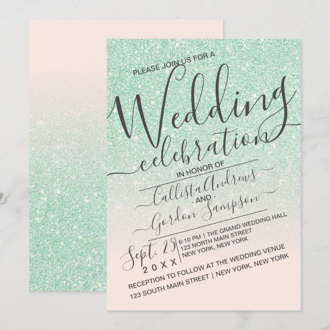 Luxury Mint Pink Funkelnd Glitzer Ombre Wedding Einladung (Vorne/Hinten)