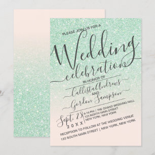 Luxury Mint Pink Funkelnd Glitzer Ombre Wedding Einladung