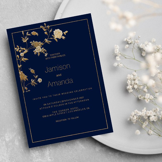 Luxury modern gold floral navy blue Wedding Einladung (Luxury modern gold floral navy blue Wedding )