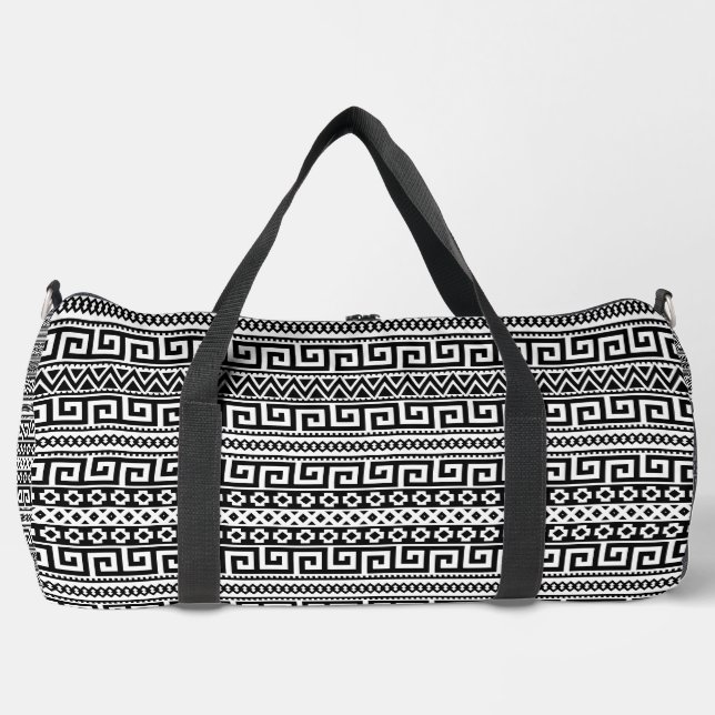 Luxury Monochrome Ancient Greek Aztec Maze Linear  Duffle Bag (Vorderseite)