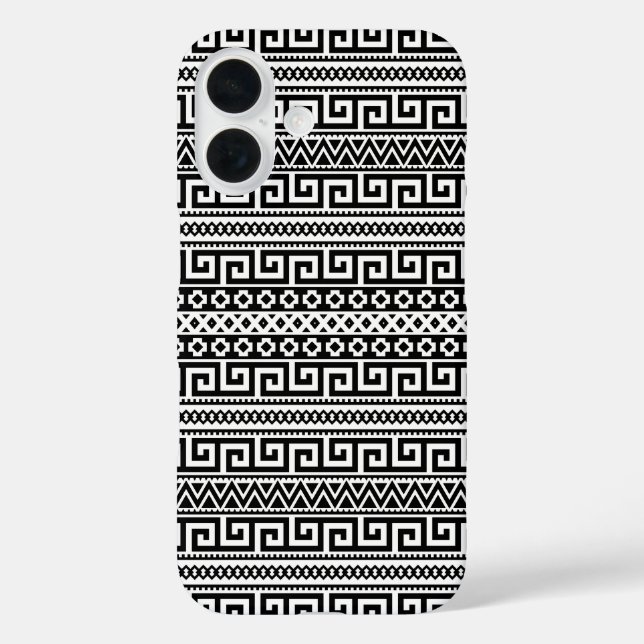 Luxury Monochrome Ancient Greek Aztec Maze Linear  iPhone 16 Hülle (Rückseite)