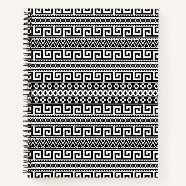 Luxury Monochrome Ancient Greek Aztec Maze Linear  Notizbuch (Vorderseite)