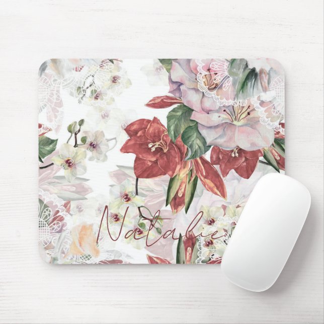 Luxury monogram burgundy floral illustration lace  mousepad (Mit Mouse)