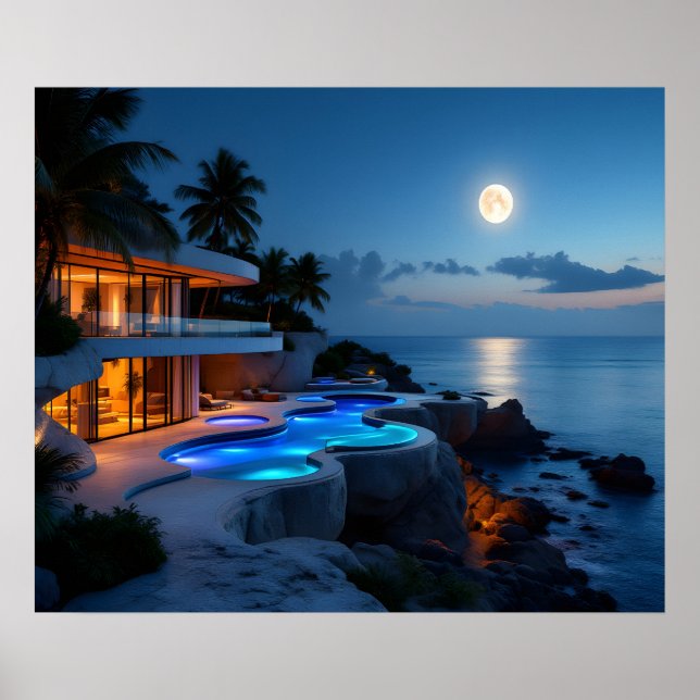 Luxury Moonlit Villa – Modern Ocean Night Aestheti Poster (Vorne)