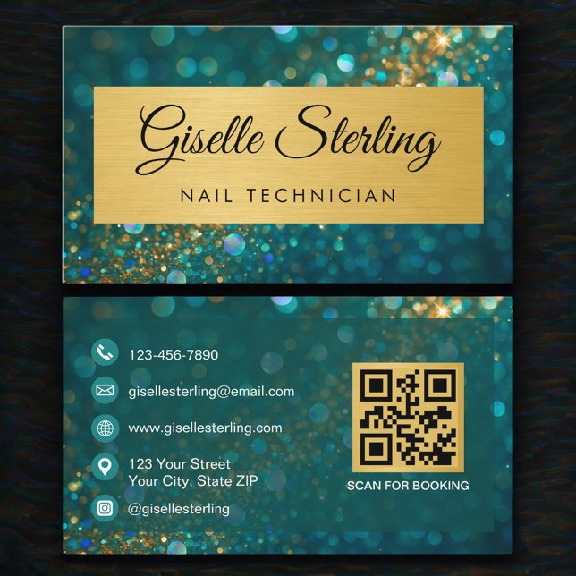 Luxury Nail Technician Gold Teal Glitter QR Code Visitenkarte (Von Creator hochgeladen)
