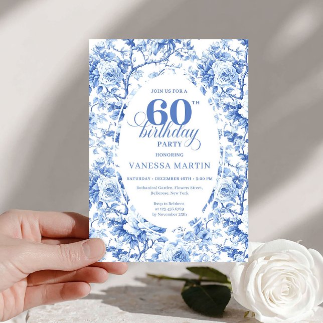 Luxury Navy Blue Roses Toile 60th Birthday Invite Einladung (Luxury Navy Blue Roses Toile 60th Birthday Invite)