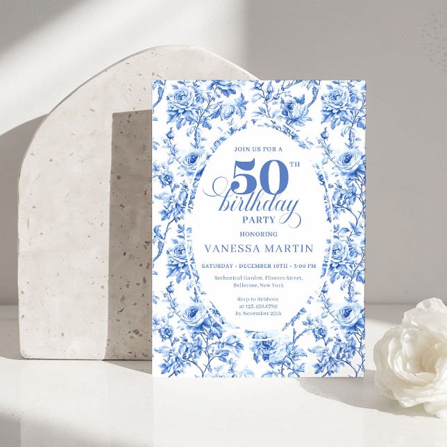 Luxury Navy Blue Toile Roses 50th Birthday Invite Einladung (Luxury Navy Blue Toile Roses 50th Birthday Invitation)