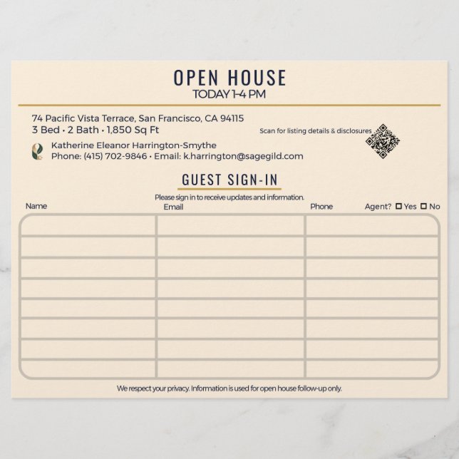 Luxury Navy & Cream Realtor Open House Sign-In Flyer (Vorne)