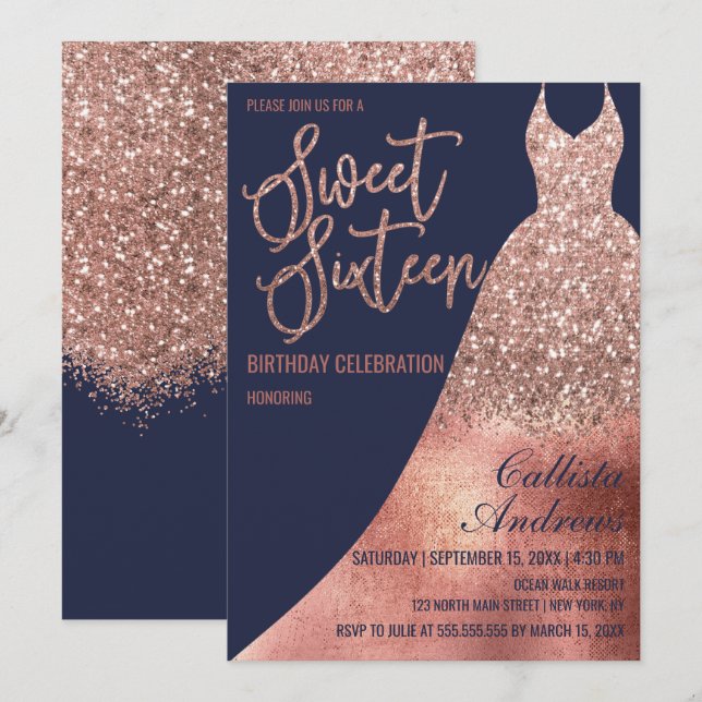 Luxury Navy Rose Gold Glitzer Kleid Sweet 16 Einladung (Vorne/Hinten)