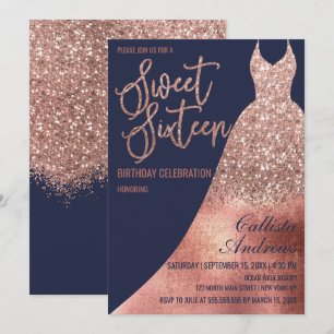 Luxury Navy Rose Gold Glitzer Kleid Sweet 16 Einladung