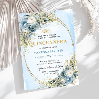 Luxury Pastel Blue Gold Eucalyptus Quinceañera Einladung