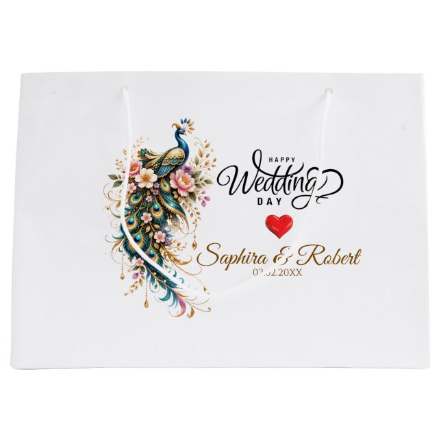 Luxury Peacock Floral – (Custom Name & Date) Große Geschenktüte (Vorderseite)