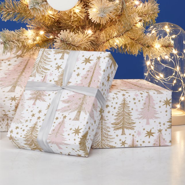 Luxury Pink & Gold Christmas Tree Pattern Holiday Geschenkpapier (Feiertage)