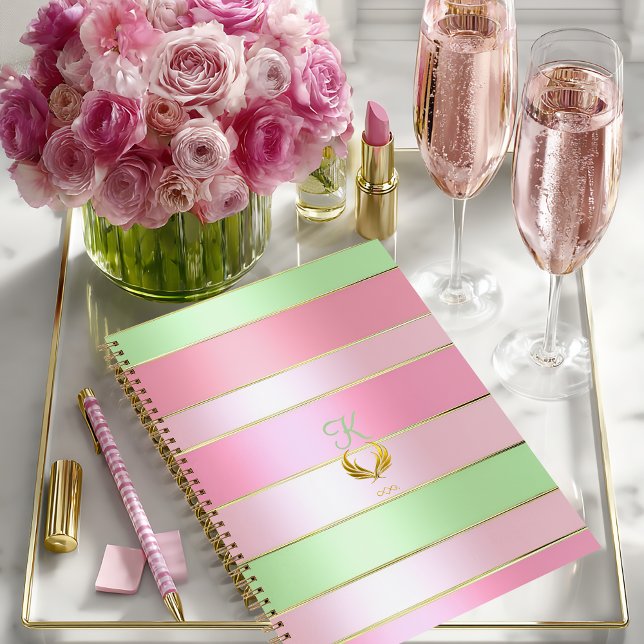 Luxury Pink & Green Striped  Notizbuch (Pretty Posh Pastel Monogrammed Pink and Green Notebook/Glossy Softcover (shown)Matte Hardcover )