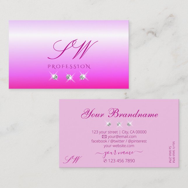 Luxury Pink Ombre Sparkling Diamonds Monogram Luxe Visitenkarte (Vorne/Hinten)