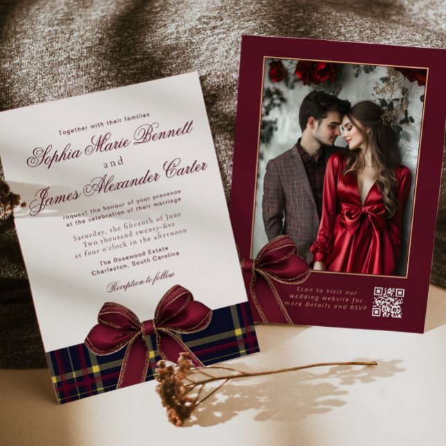 Luxury plaid Burgundy Bow Winter Photo Wedding Einladung (Von Creator hochgeladen)