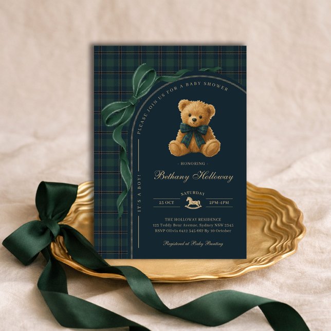 Luxury Polo Plaid Teddy Bear Boy Baby Shower Einladung (Von Creator hochgeladen)
