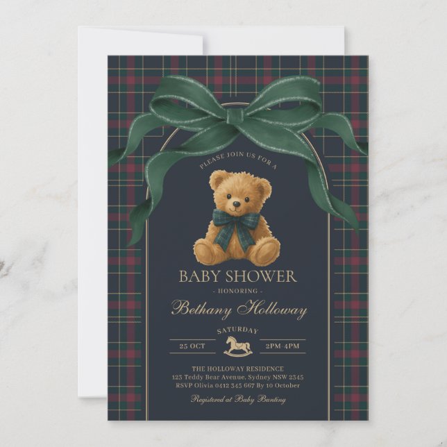 Luxury Polo Teddy Bear Green Bow Plaid Baby Shower Einladung (Vorderseite)