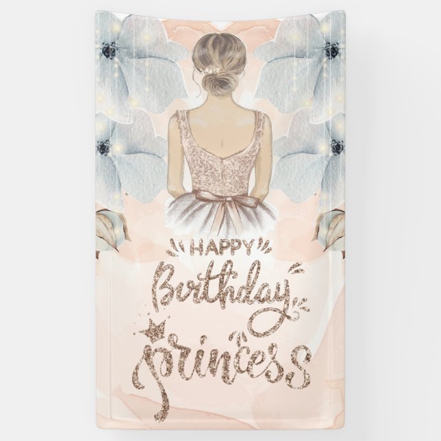 Luxury Princess Happy Birthday Beige Glitzer Banner (Vertikal)