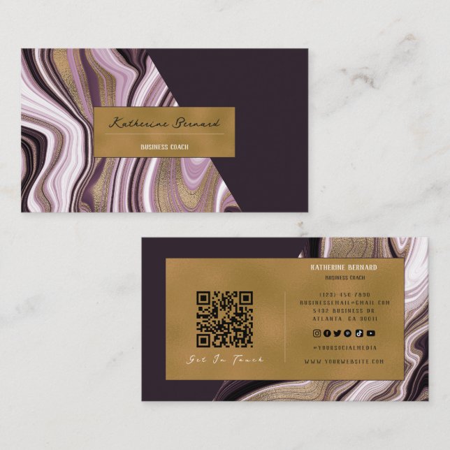 Luxury Purple and Gold Marble Business Coach Card Visitenkarte (Vorne/Hinten)