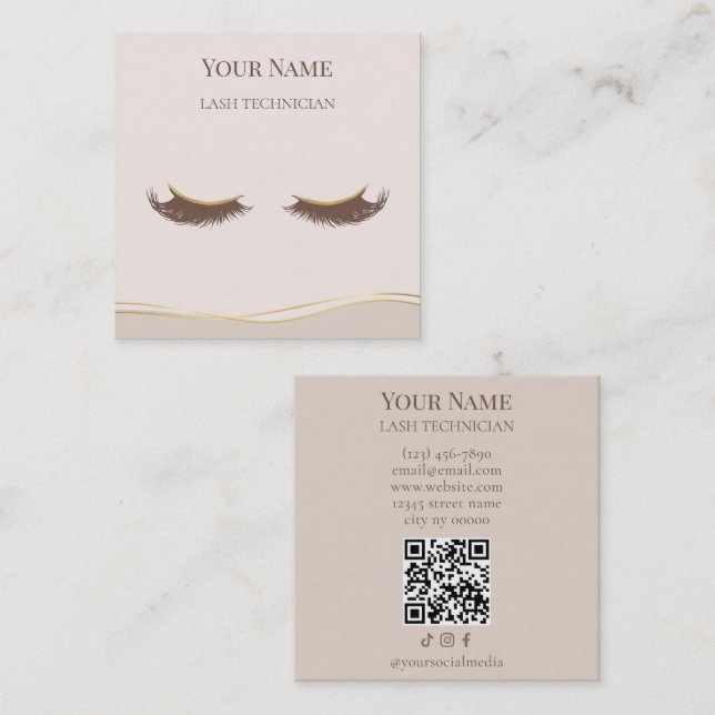 Luxury QR code Beige and Gold Lash Technician Quadratische Visitenkarte (Vorne/Hinten)