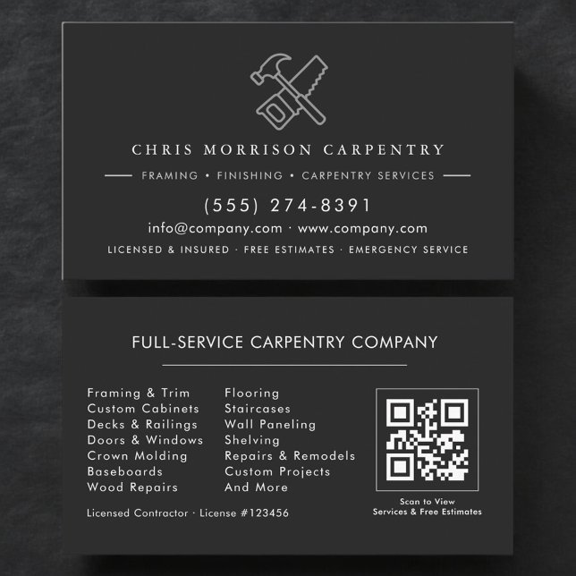 Luxury QR Code Carpenter Carpentry Black Silver Visitenkarte (Von Creator hochgeladen)