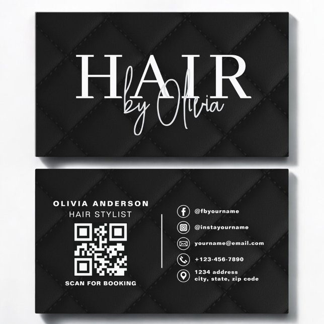 Luxury QR Code Hair Stylist Black Quilted Fabric Visitenkarte (Von Creator hochgeladen)