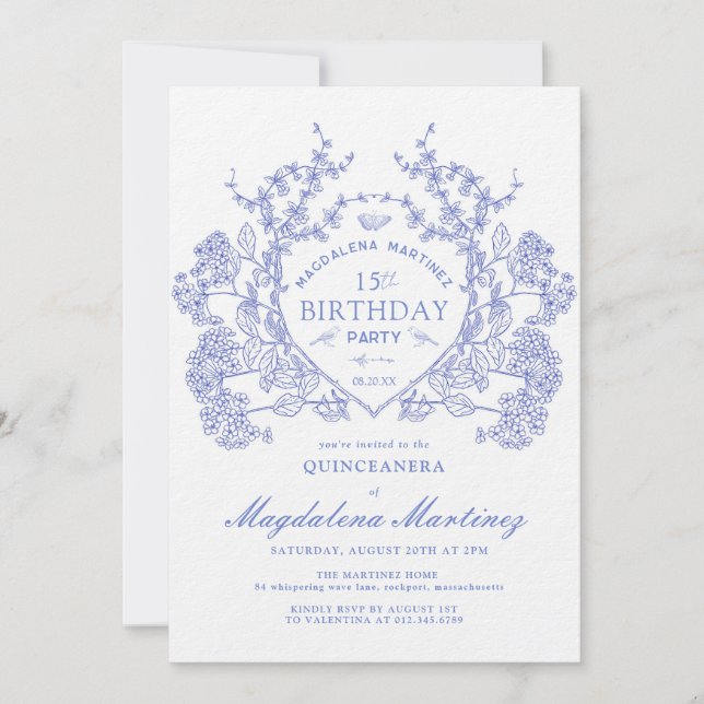 LUXURY QUINCEANERA Vintages blaues Wappen Einladung (Vorderseite)