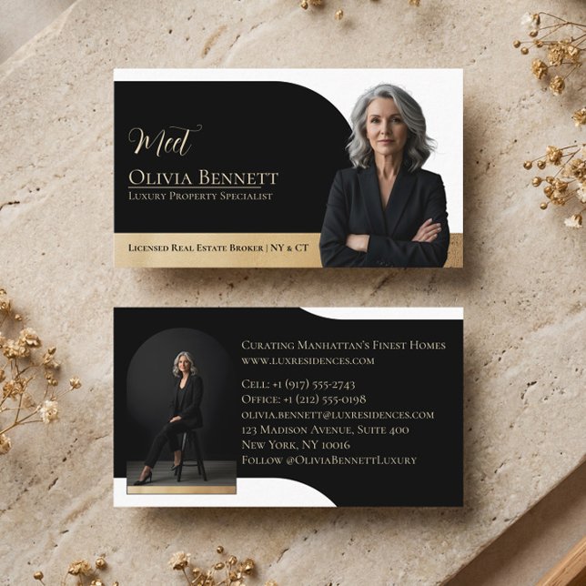 Luxury Real Estate Arch Frame Photo Black Gold Visitenkarte (Luxury Real Estate Arch Frame Photo Black Gold Business Card)