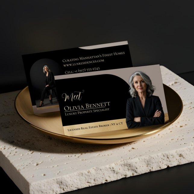 Luxury Real Estate Arch Frame Photo Black Gold Visitenkarte (Luxury Real Estate Arch Frame Photo Black Gold Business Card)
